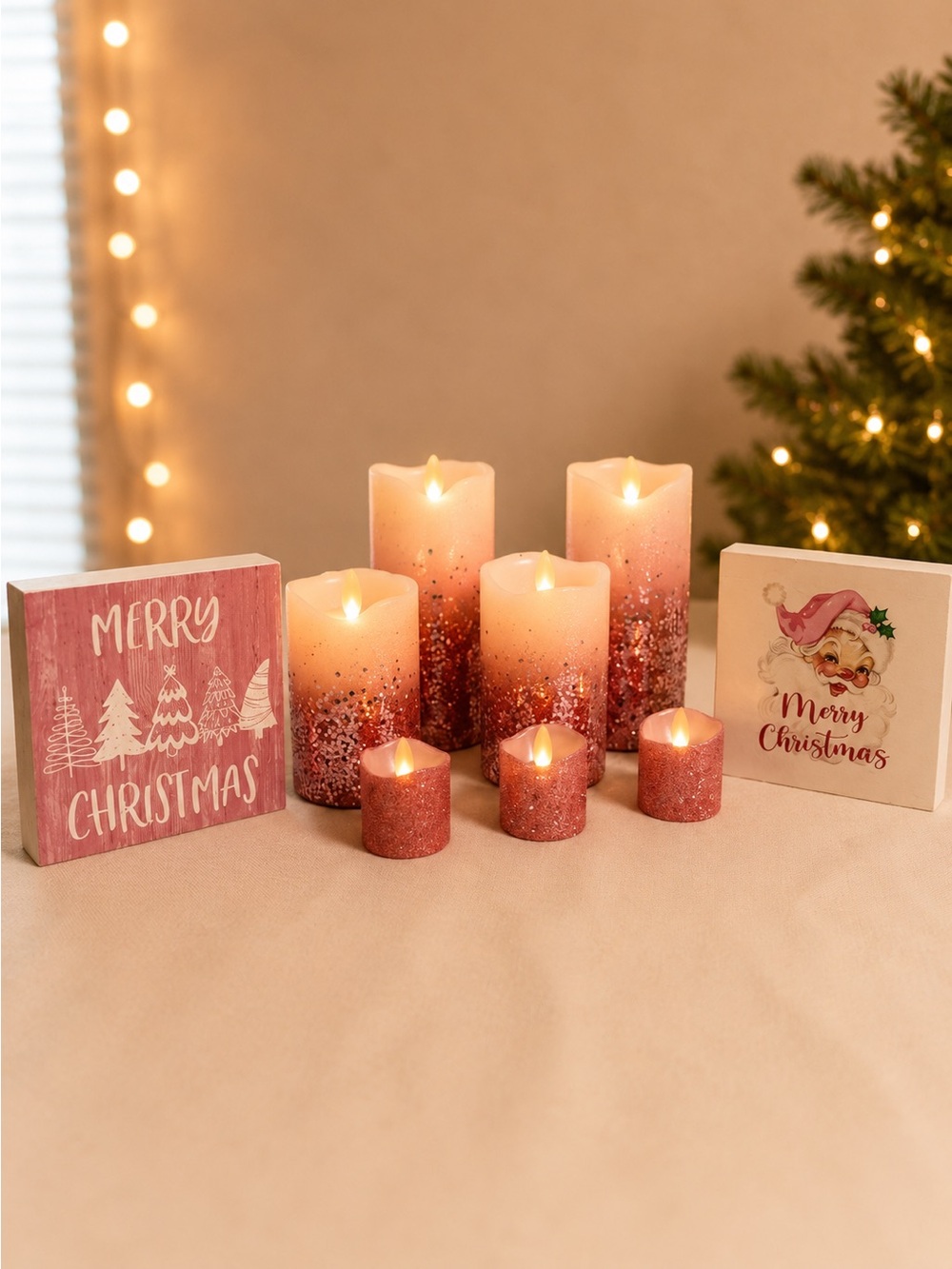 Festive Pink Glitter LED Candle Set - Merry Christmas Decor
